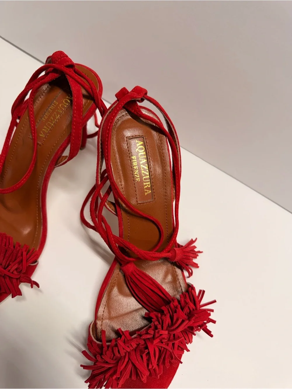 Aquazzura Red Fringe Tie-Strap Women's Sandals